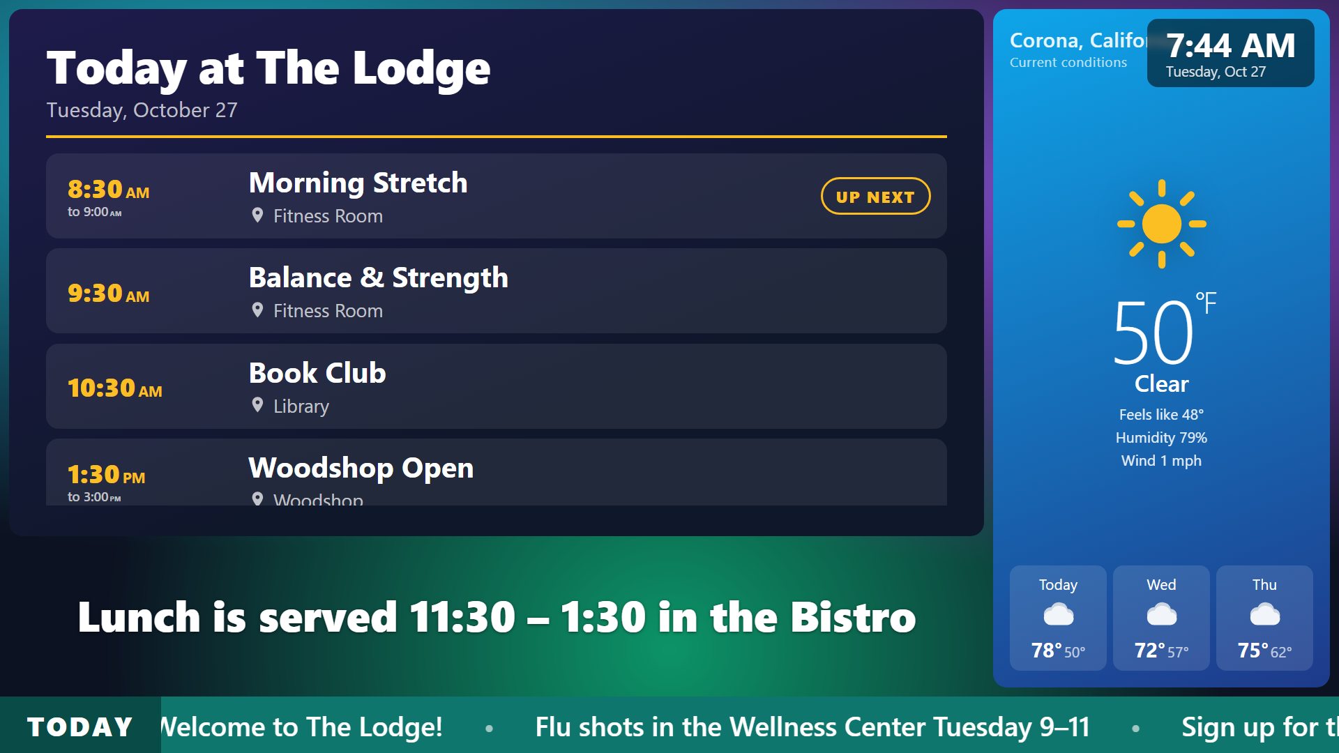 A lobby TV showing today's activities, the weather and a scrolling ticker.